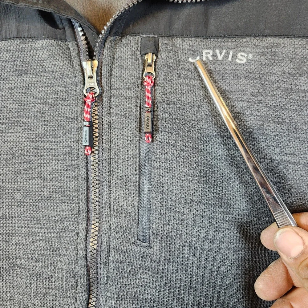 Orvis Mens Full Zip Fleece Jacket Grey‎ Black Textured Knit Mock Neck Large